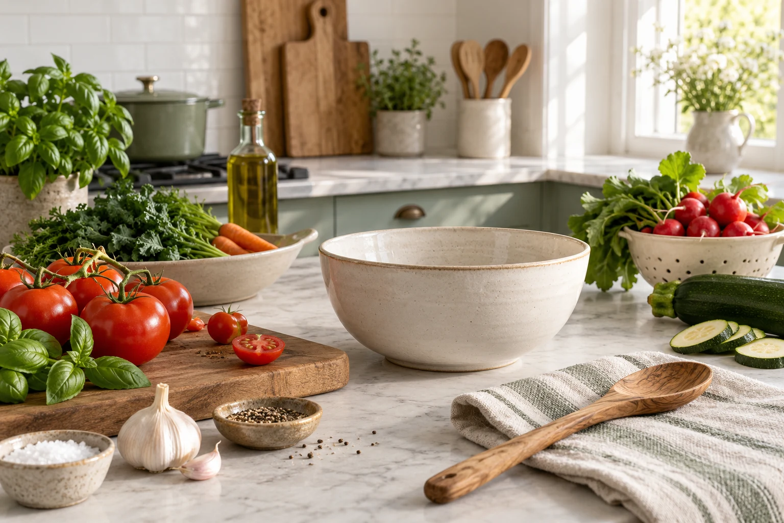 Vegetables, a cream mixing bowl and wooden utensils on a bright worktop; a fictional kitchen illustration.