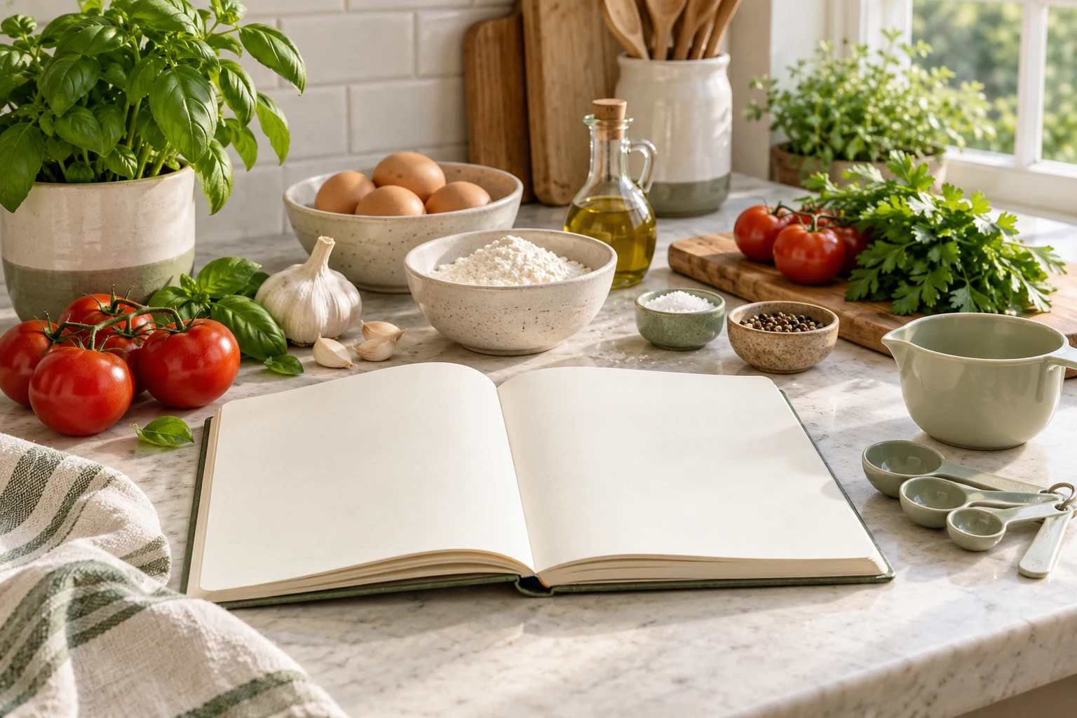 A blank notebook beside ingredients and measuring tools; a fictional kitchen illustration.